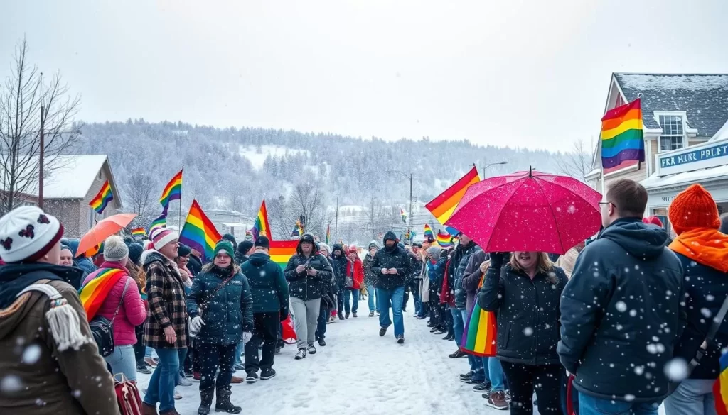 Image generation prompt: A vibrant winter pride scene in Vermont, with rainbow colors and snowflakes