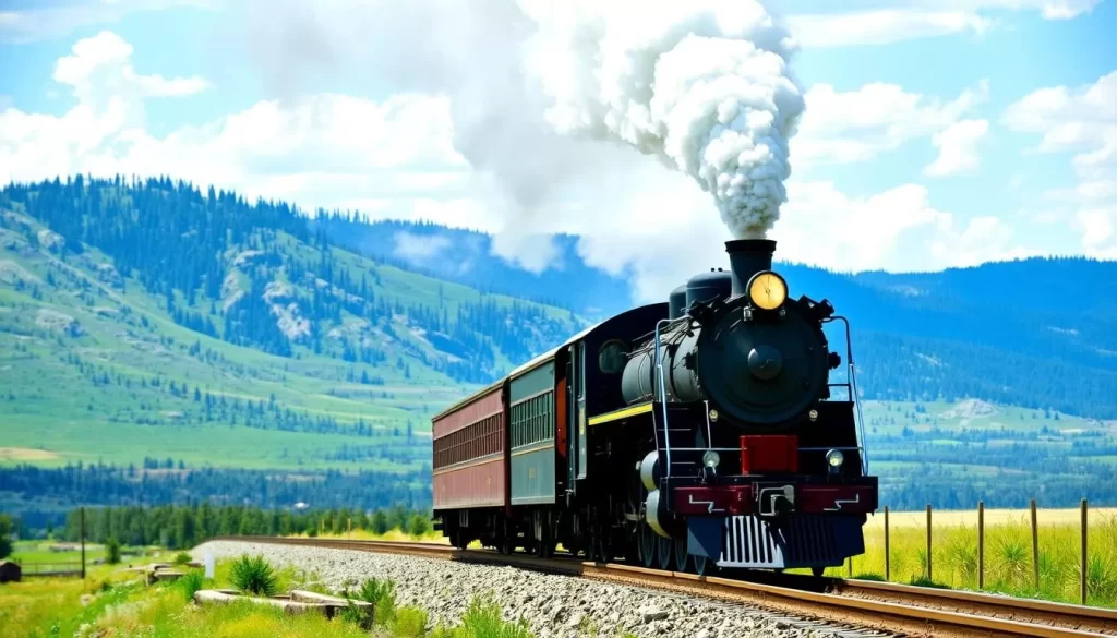 Image generation prompt: A vintage train chugging along the tracks between Keystone and Hill City, with the Black Hills scenery in the background.