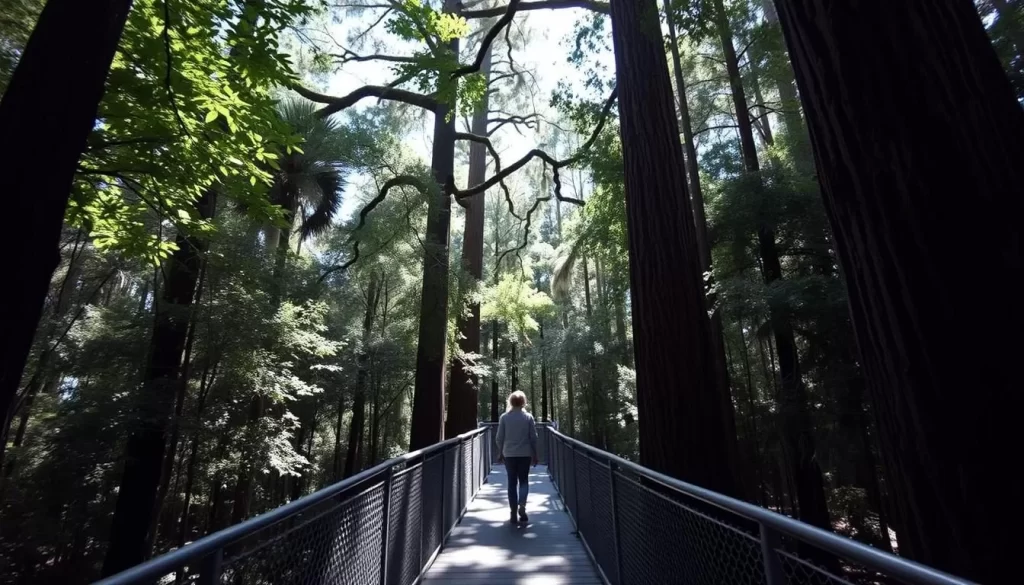 Image generation prompt: A visitor walking on an elevated boardwalk in Congaree National Park, surrounded by towering trees.