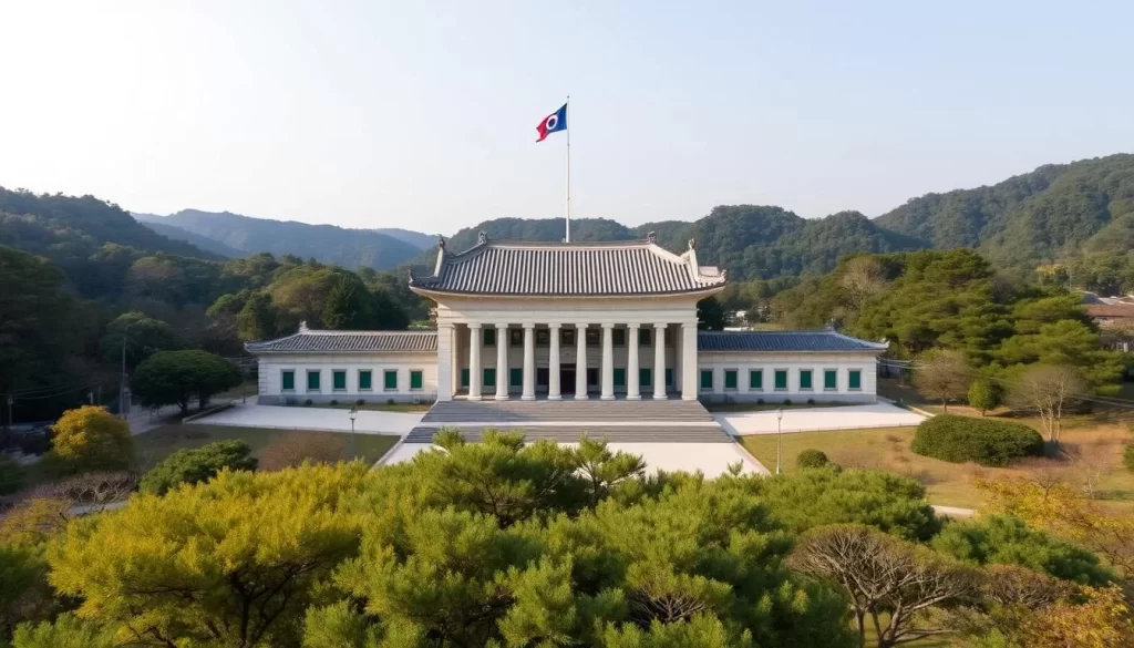 Image generation prompt: A wide-angle shot of the Independence Hall of Korea's main building, set against a backdrop of serene woodland.