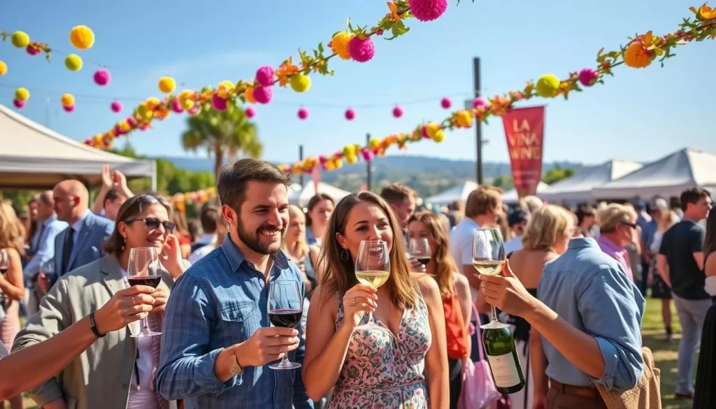 Image generation prompt: A wine tasting event at La Viña Wine Festival, with attendees sampling wine and enjoying live music.