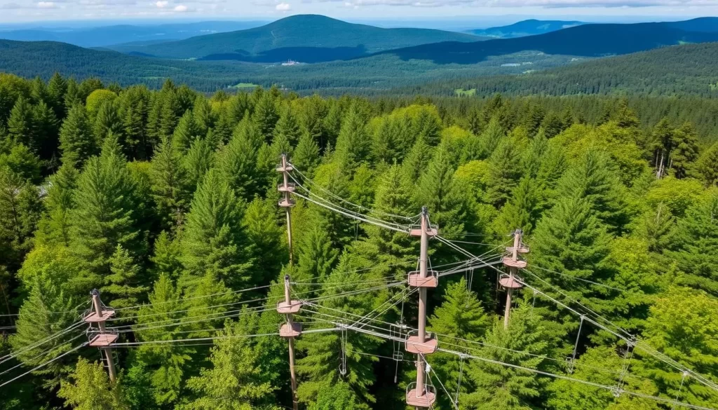Image generation prompt: Aerial view of Cranmore Mountain Resort's treetop adventure course