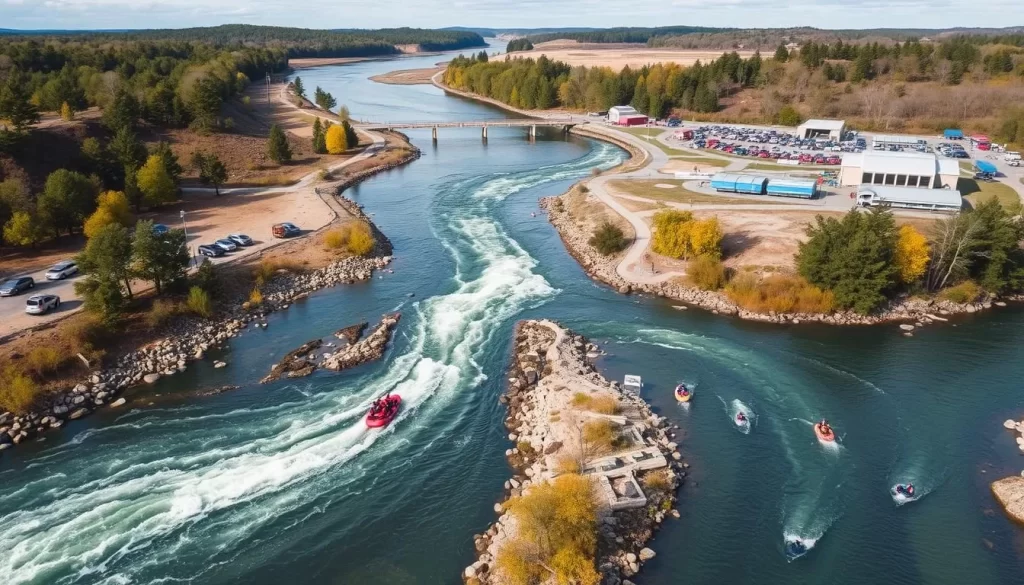 Image generation prompt: Aerial view of the Montgomery Whitewater Complex with rafters navigating the course.