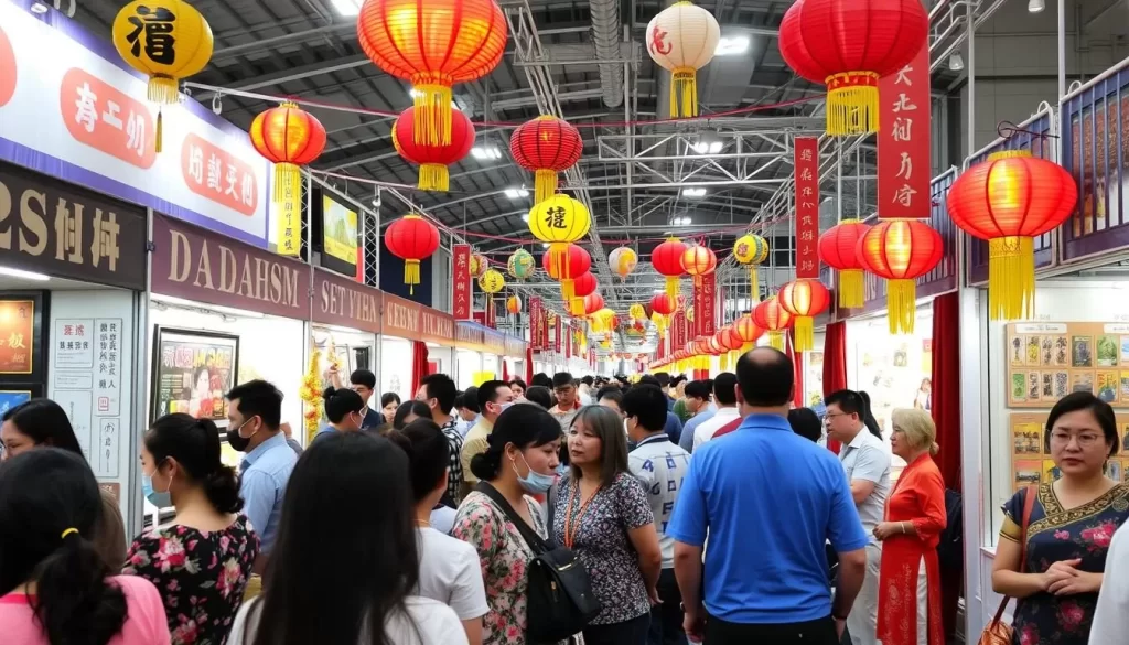 Image generation prompt: An Asian cultural festival in Alabama, showcasing diverse languages such as Korean, Chinese, and Vietnamese.