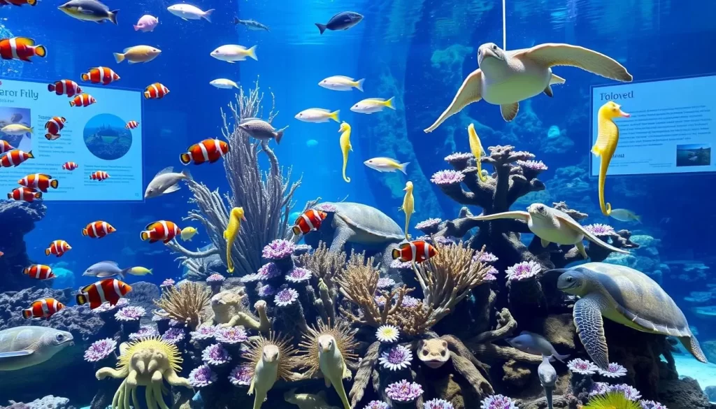 Image generation prompt: An aquarium with various marine life, including clownfish, seahorses, and turtles, with information displays in the background.