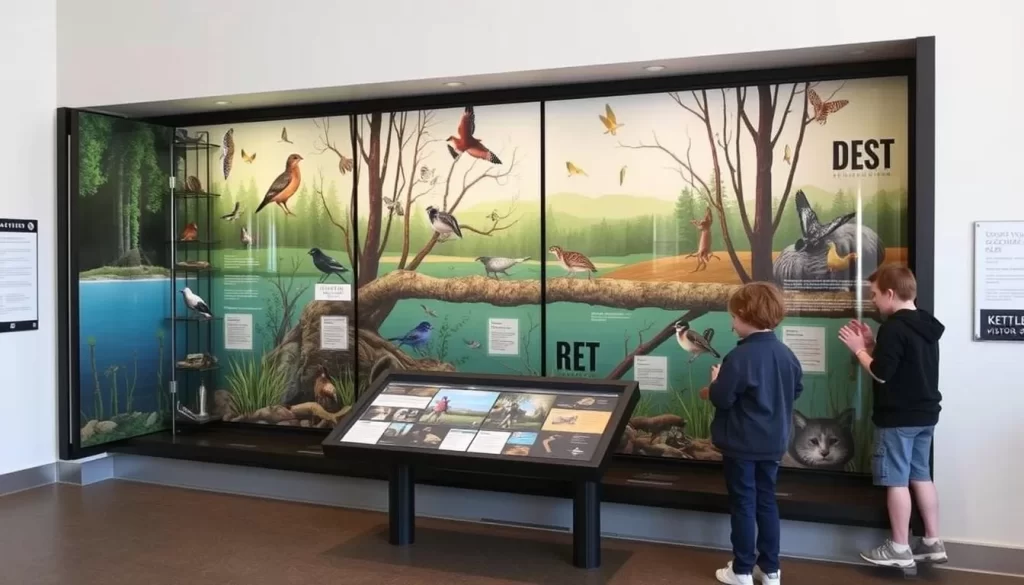 Image generation prompt: An informative exhibit at the Kettle Pond Visitors Center showcasing local wildlife and ecosystems.