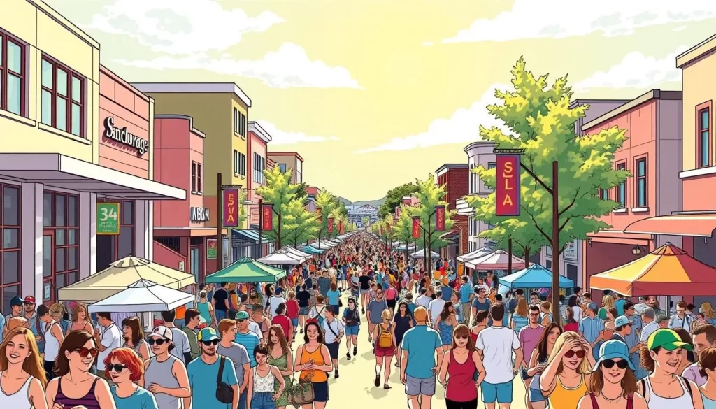 Image generation prompt: Anchorage's Fourth Avenue during the Summer Solstice Festival, with a crowd enjoying the festivities.