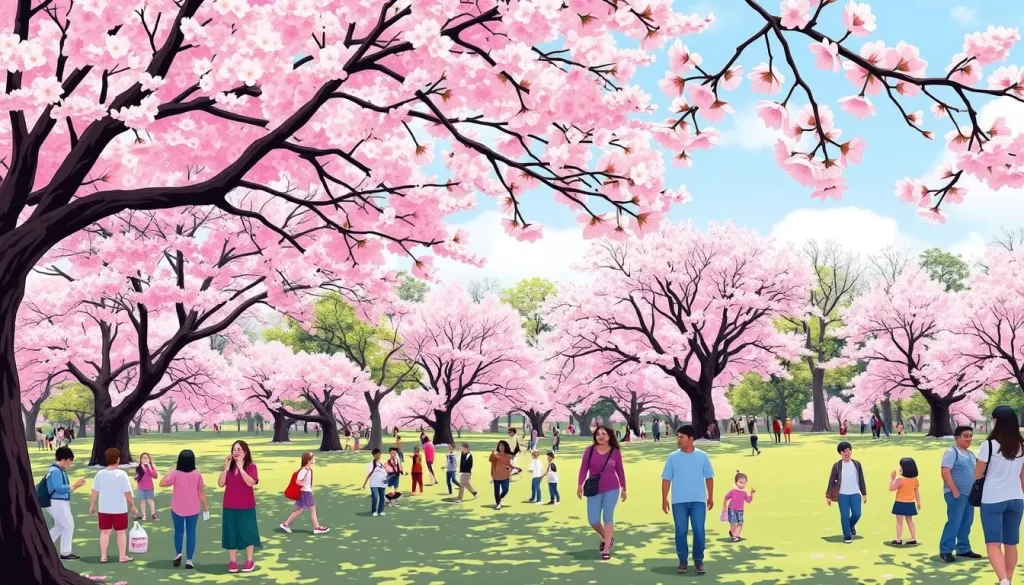 Image generation prompt: Branch Brook Park during the cherry blossom festival, with blooming cherry blossom trees and visitors enjoying the scenery.