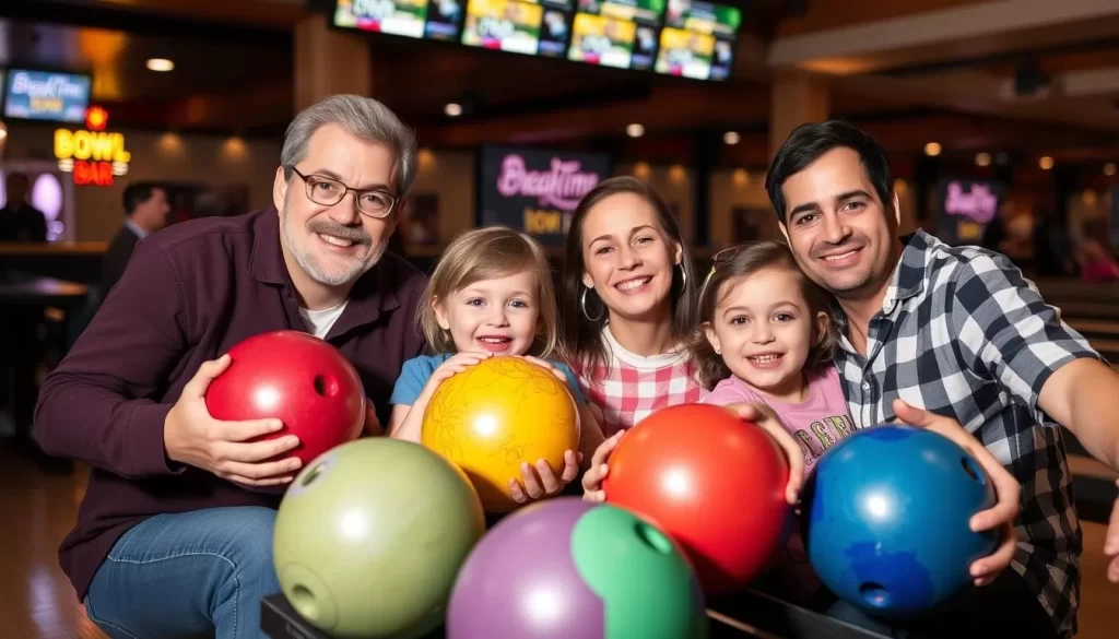 Image generation prompt: Family members enjoying bowling at Breaktime Bowl & Bar