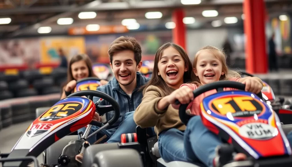 Image generation prompt: Family members racing go-karts at R1 Indoor Karting