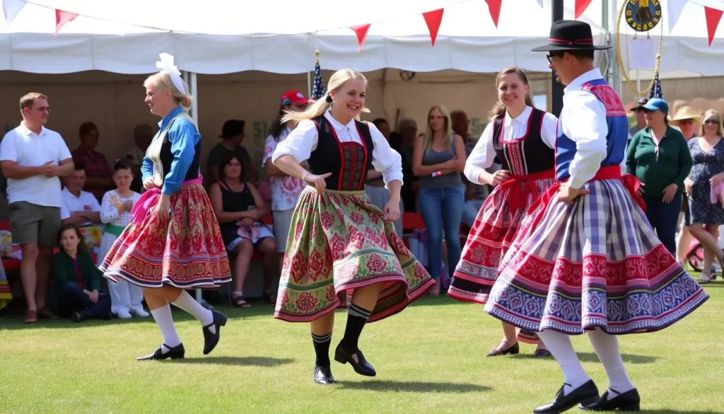 Image generation prompt: Folk dancers at Scandinavian Days in Story City, Iowa, dressed in traditional Scandinavian attire.