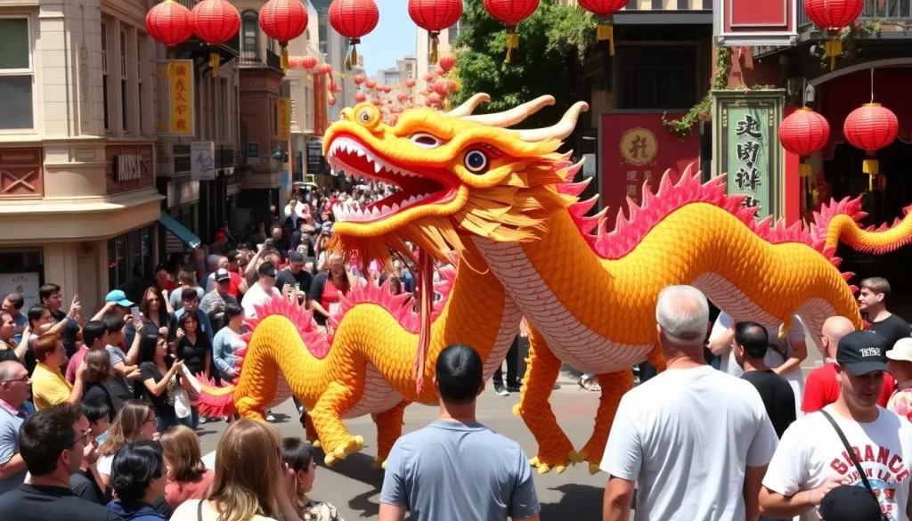 Image generation prompt: Golden Dragon Parade in San Francisco's Chinatown