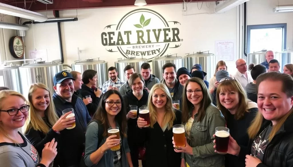 Image generation prompt: Great River Brewery tour with a group of people tasting beer Image generation prompt: Great River Brewery tour with a group of people tasting beer