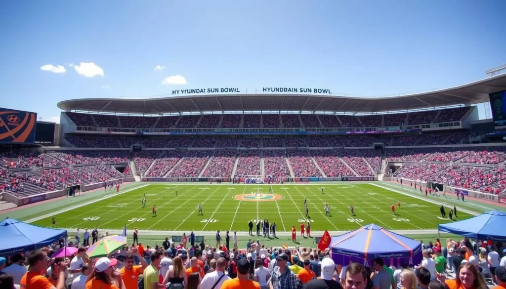 Image generation prompt: Hyundai Sun Bowl stadium with Fan Fiesta activities in the foreground