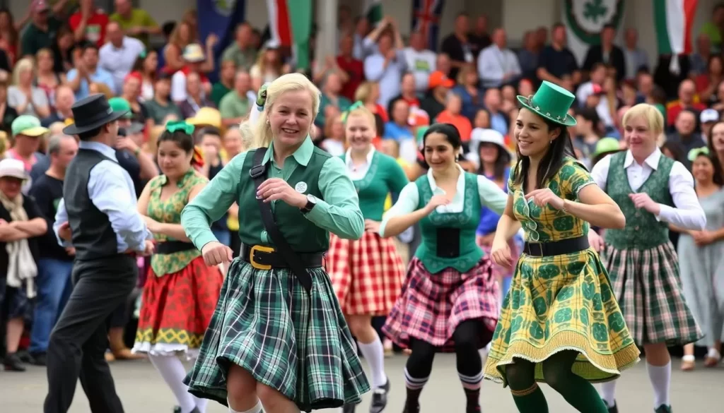 Image generation prompt: Irish dancers performing at the Iowa Irish Fest in Waterloo.