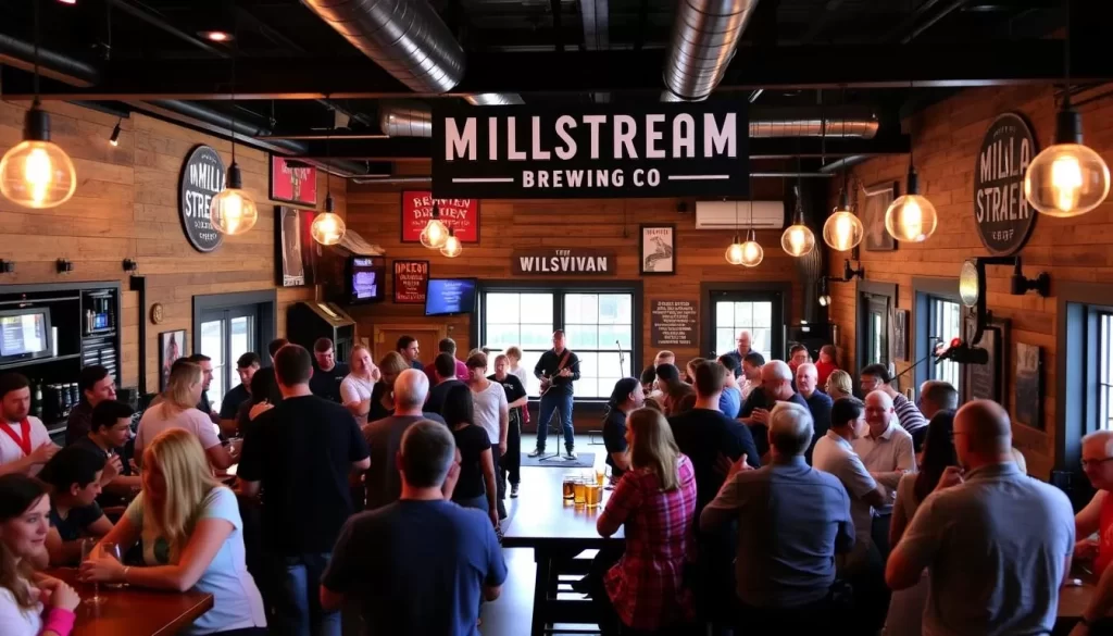 Image generation prompt: Millstream Brewing Co. taproom with people enjoying beer and live music