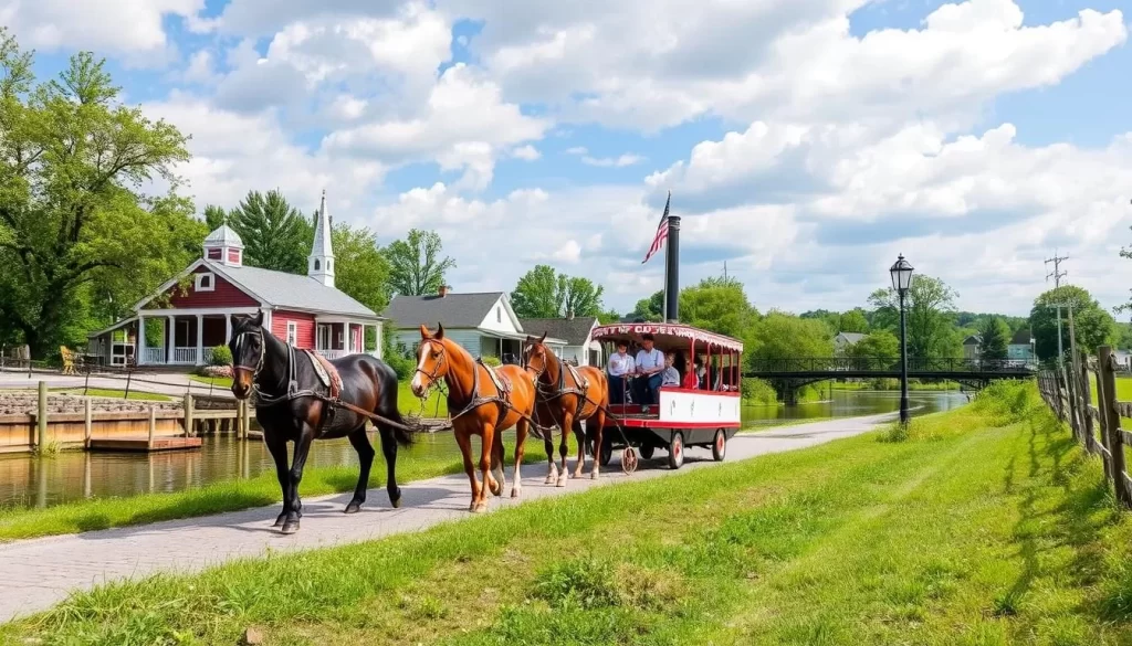 Image generation prompt: Mule-drawn canal boat ride in Easton, Pennsylvania, with guests enjoying a dinner cruise on a historic canal boat.