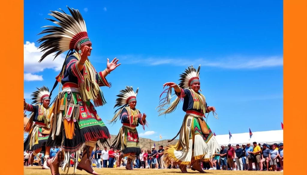 Image generation prompt: Native American dancers in traditional regalia performing at the Black Hills Powwow