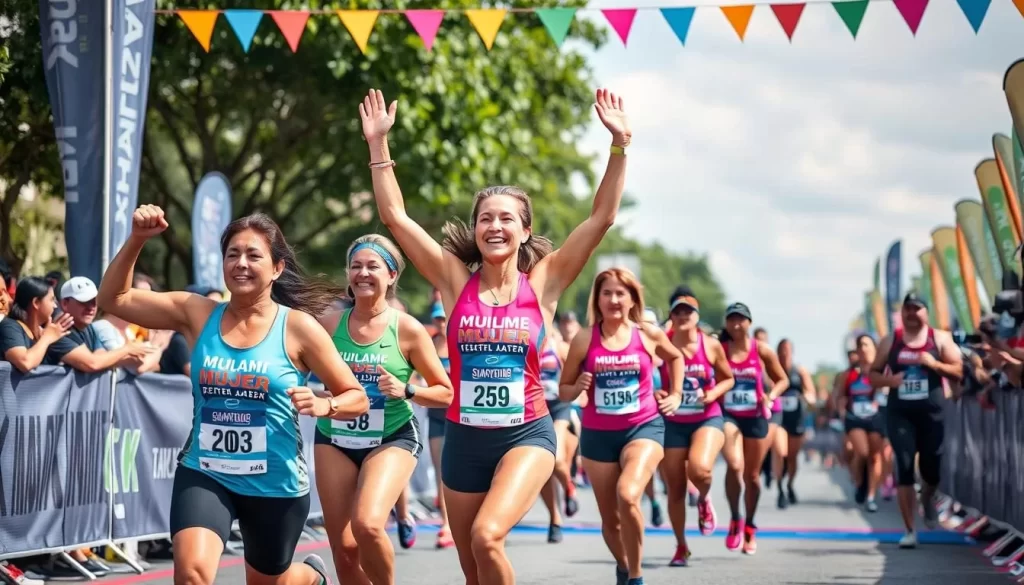 Image generation prompt: Participants in the Mighty Mujer Triathlon, showcasing the event's energetic and empowering atmosphere.