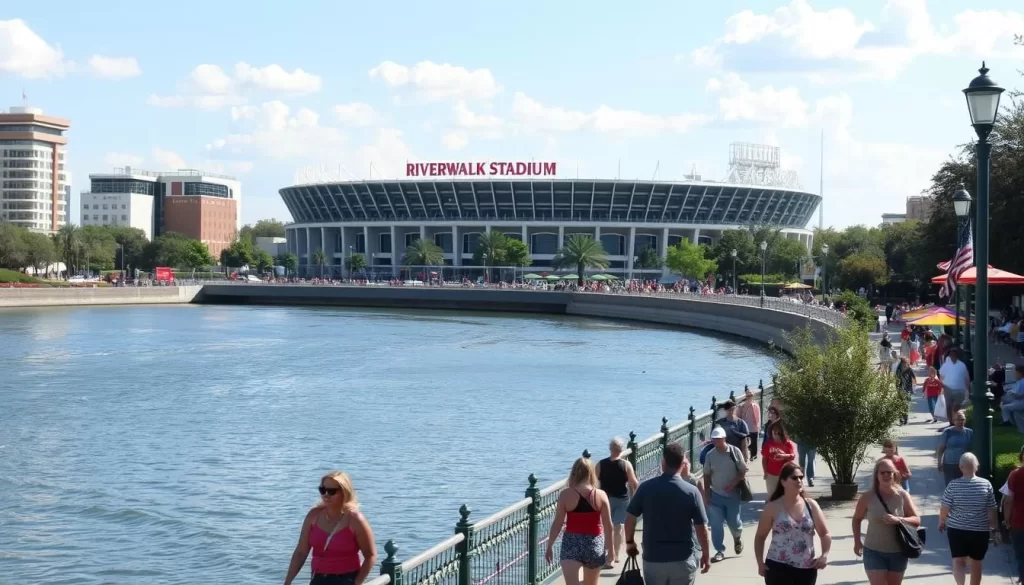 Image generation prompt: People strolling along the Riverwalk with the Riverwalk Stadium in the background.