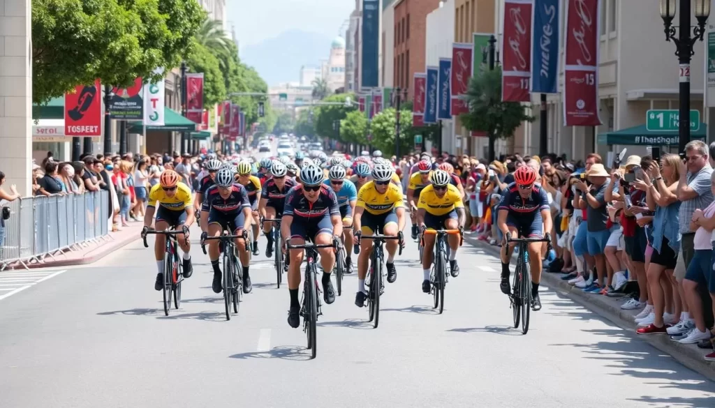 Image generation prompt: Professional cyclists racing on a downtown El Paso street, with spectators watching.