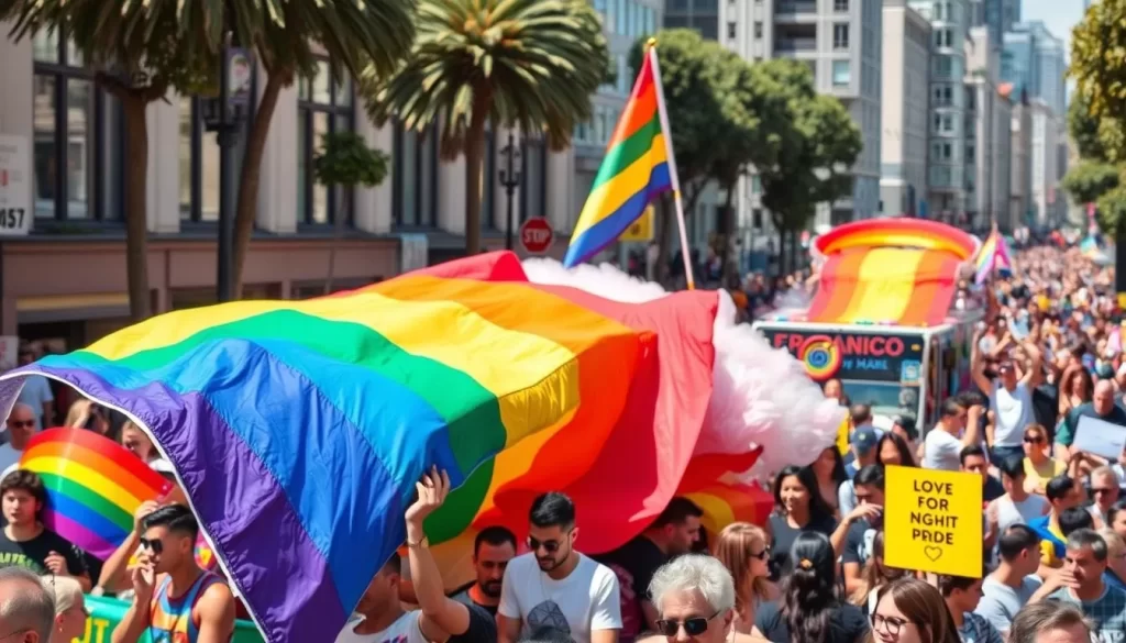 Image generation prompt: San Francisco Pride Parade with rainbow floats and crowd