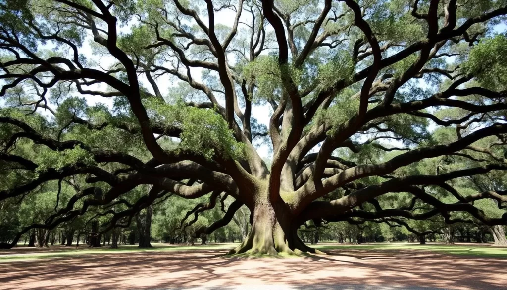 Image generation prompt: The Angel Oak Tree on Johns Island, with its massive branches stretching over 17,000 square feet.