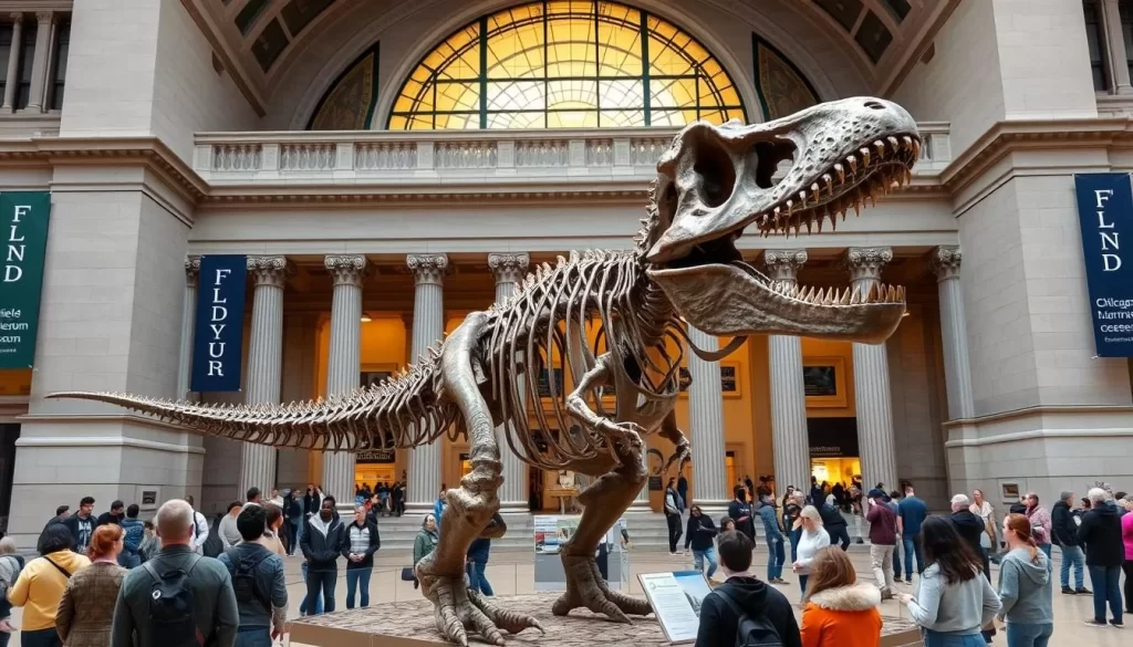 Image generation prompt: The Field Museum in Chicago, with SUE, the T. Rex fossil, in the foreground.