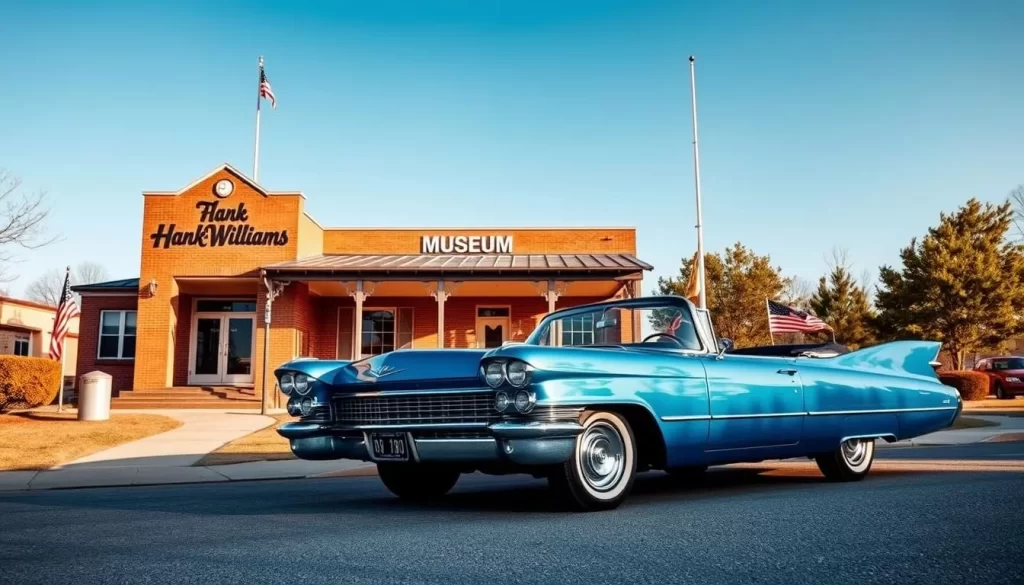 Image generation prompt: The Hank Williams Museum in Montgomery, Alabama, featuring the blue Cadillac
