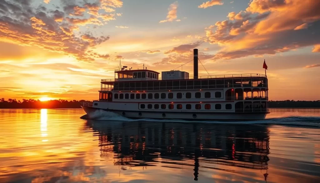Image generation prompt: The Harriott II Riverboat cruising on the Alabama River with a sunset backdrop.