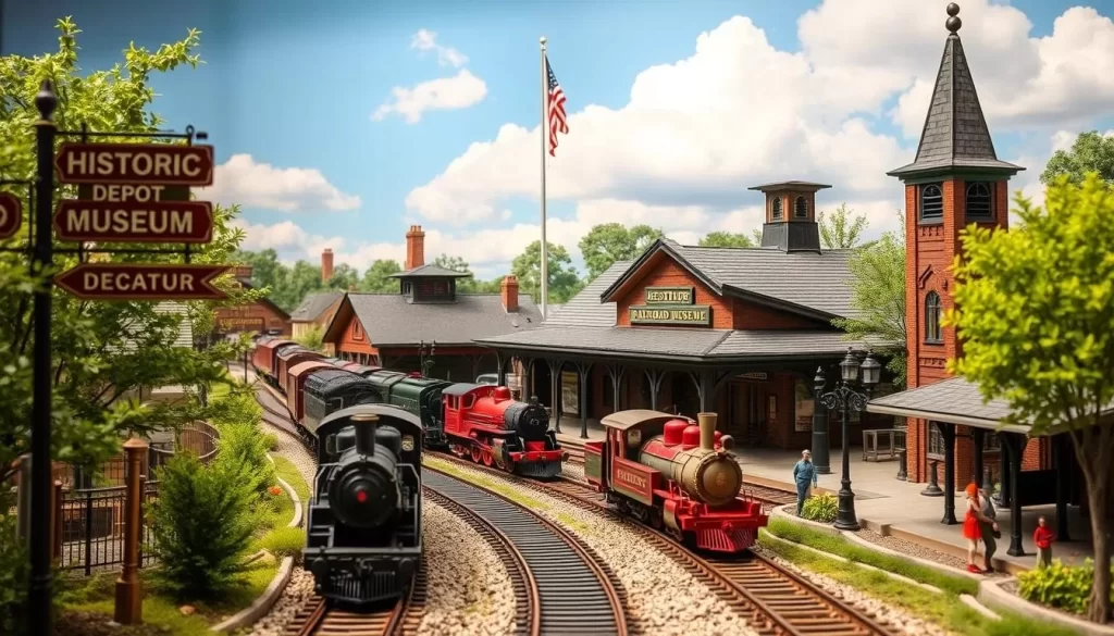 Image generation prompt: The Historic Depot and Railroad Museum with model trains running through recreations of Decatur landmarks