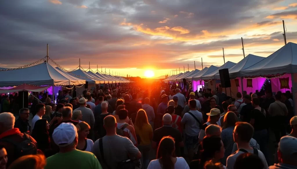 Image generation prompt: The Midnight Sun Festival in Fairbanks, with a large crowd enjoying 12 hours of continuous entertainment.