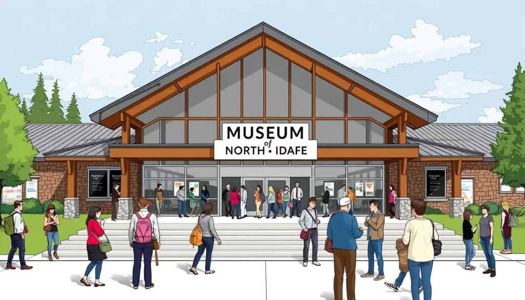 Image generation prompt: The Museum of North Idaho building with a sign in front and people visiting the museum.