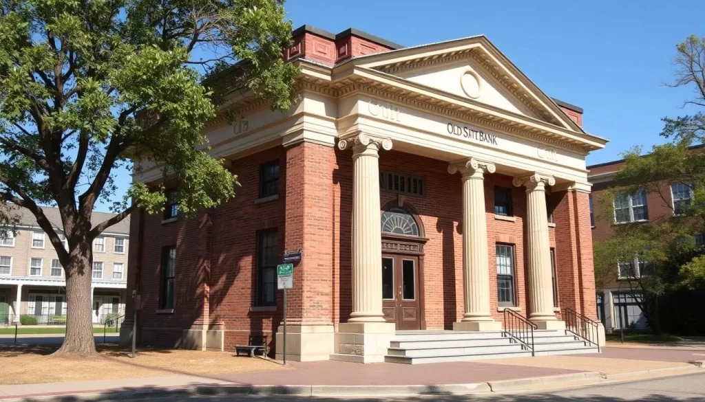 Image generation prompt: The Old State Bank Building, a historic landmark in Decatur, Alabama, with period furnishings