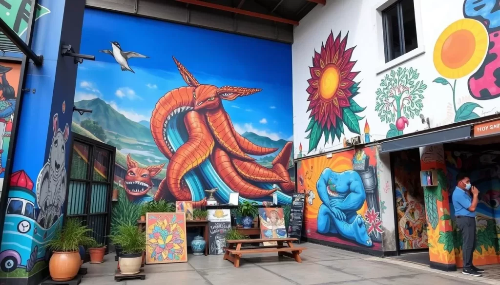 Image generation prompt: The Streetart Gallery in Kota Bharu, with various murals and art installations on display.