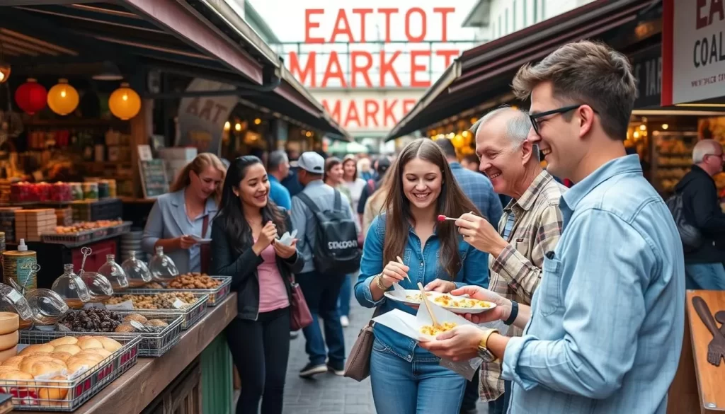 Image generation prompt: Vibrant scene at Easton Public Market, with visitors enjoying food from various artisanal vendors and specialty shops in a lively atmosphere.