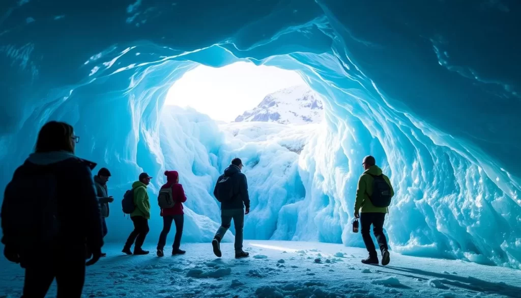Image generation prompt: Visitors walking through the Stubai Glacier Ice Grotto, marveling at the blue ice formations.