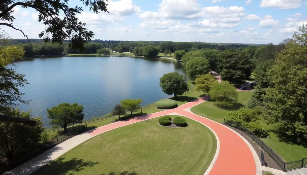Image generation prompt: Weequahic Park and Lake, featuring a serene lake, walking paths, and lush greenery.