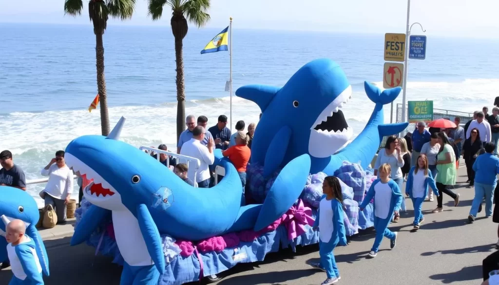 Image generation prompt: Whale-themed parade at the Festival of Whales in Dana Point