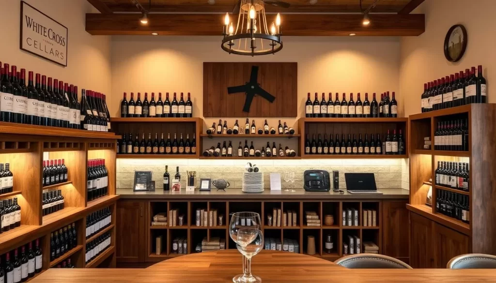 Image generation prompt: White Cross Cellars wine tasting room with a variety of wines