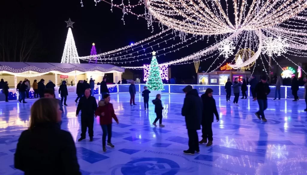 Image generation prompt: WinterFest El Paso ice skating rink with holiday lights and decorations