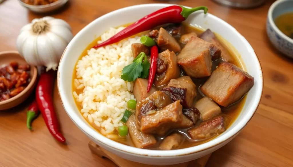 Image generation prompt for Bak Kut Teh: A steaming bowl of Bak Kut Teh with pork ribs and belly, served with chili, garlic, and fragrant oil rice.