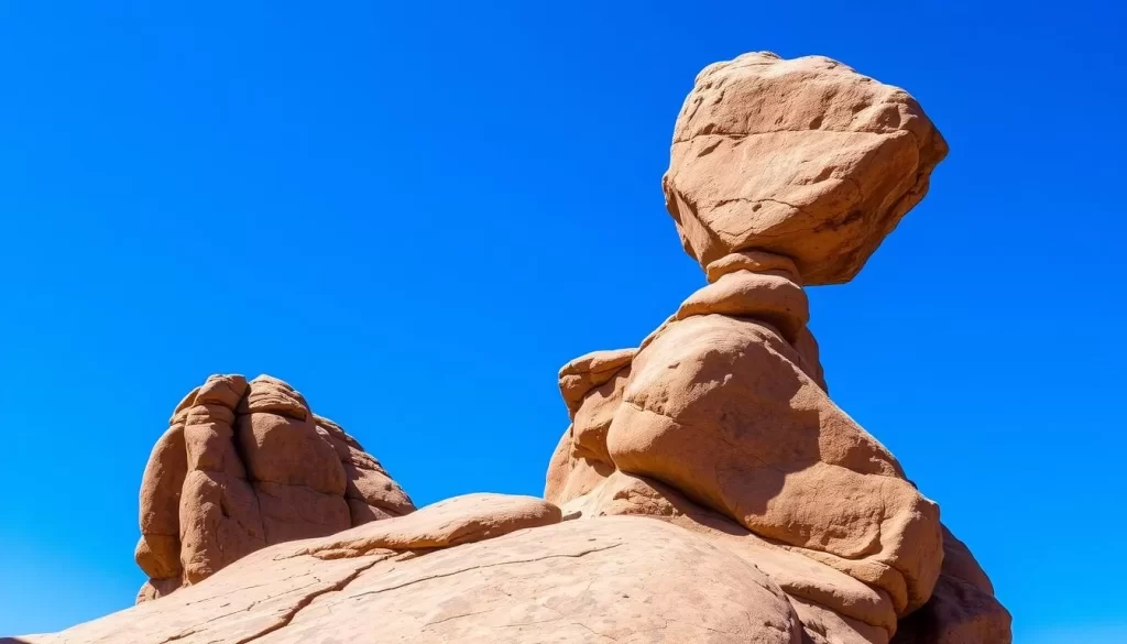 Image generation prompt for Balanced Rock: A dramatic shot of Balanced Rock against a clear blue sky, highlighting its precarious balance.