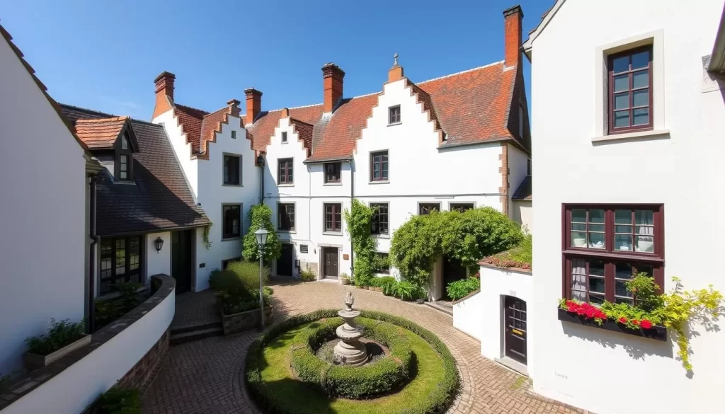 Image generation prompt for Beguinage of Bruges: A serene and picturesque beguinage in Bruges, Belgium, with white-painted houses surrounding a tranquil garden courtyard.