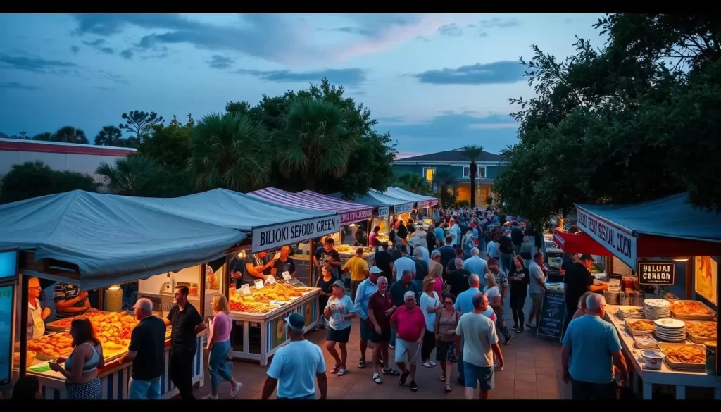 Image generation prompt for Biloxi Seafood Festival: A scenic festival setting on the Biloxi Town Green, with seafood vendors and live music.