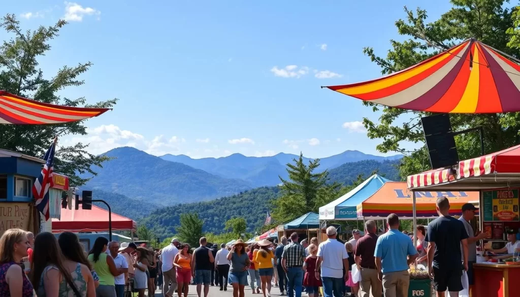 Image generation prompt for Blue Ridge Region Festivals: A scenic view of the Blue Ridge Mountains with a festival in progress, featuring local vendors, live music, and outdoor activities.