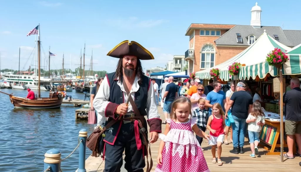Image generation prompt for Coastal Virginia Celebrations: Hampton's waterfront during the Blackbeard Pirate Festival, with pirate reenactors, historical vendors, and families enjoying the activities.