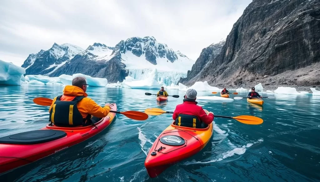Image generation prompt for Greenland Adventure Race: Participants kayaking through icy fjords during the Greenland Adventure Race.