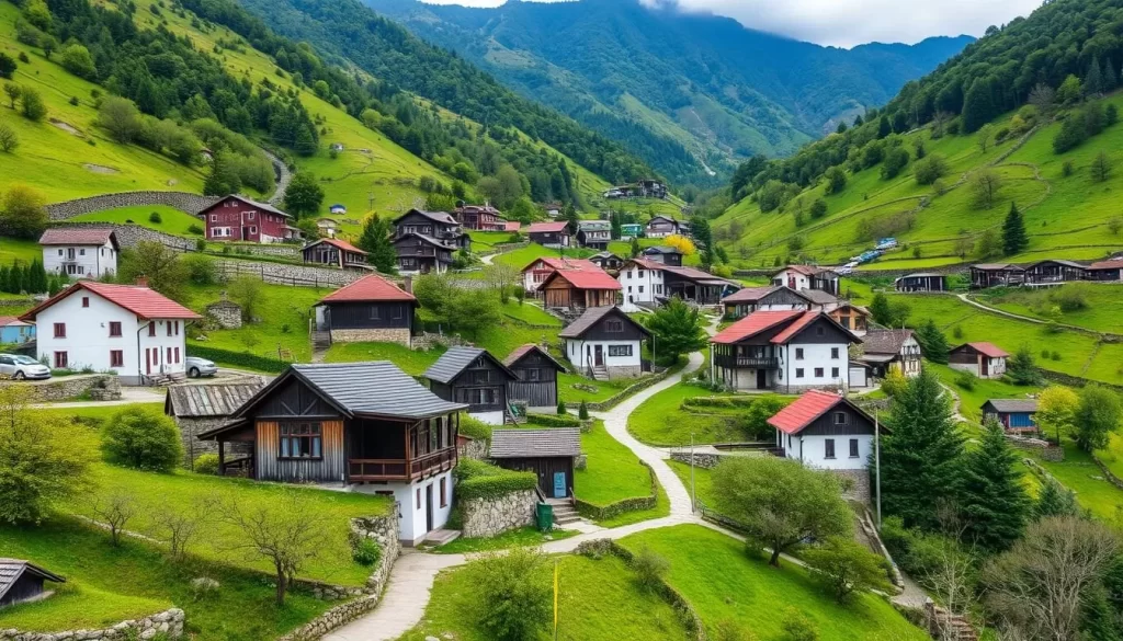 Image generation prompt for Hamsikoy Village Trabzon: A serene village scene with traditional Turkish houses and lush greenery.