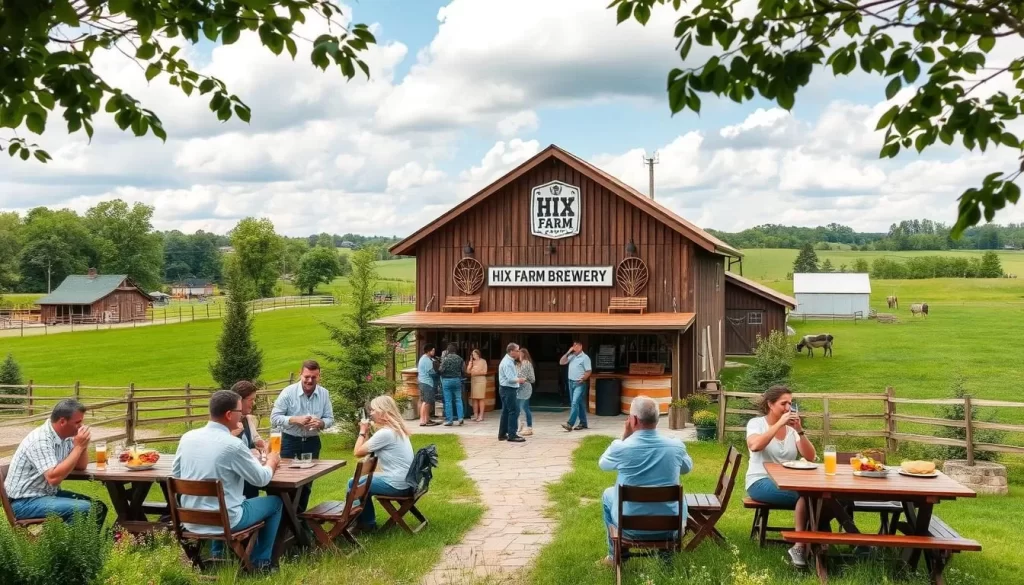 Image generation prompt for Hix Farm Brewery: A rustic farm setting with a brewery, featuring patrons enjoying craft beers and locally-sourced snacks.